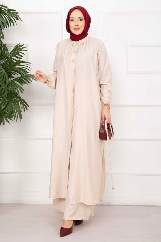 Beige Long Tunic Set with Drawstring Stand Collar