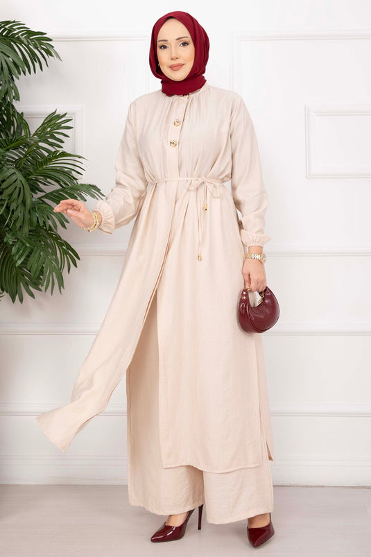 Beige Long Tunic Set with Drawstring Stand Collar
