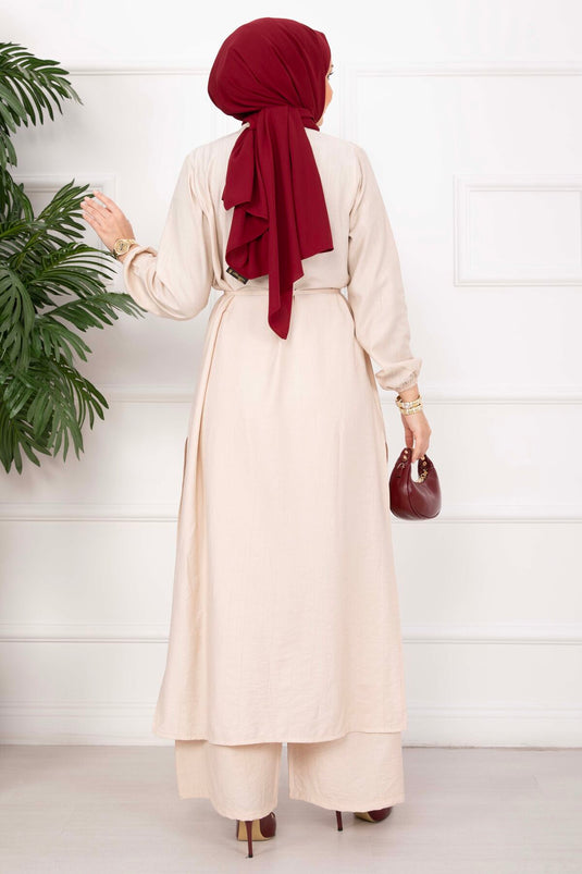 Ensemble tunique longue beige à col officier avec cordon