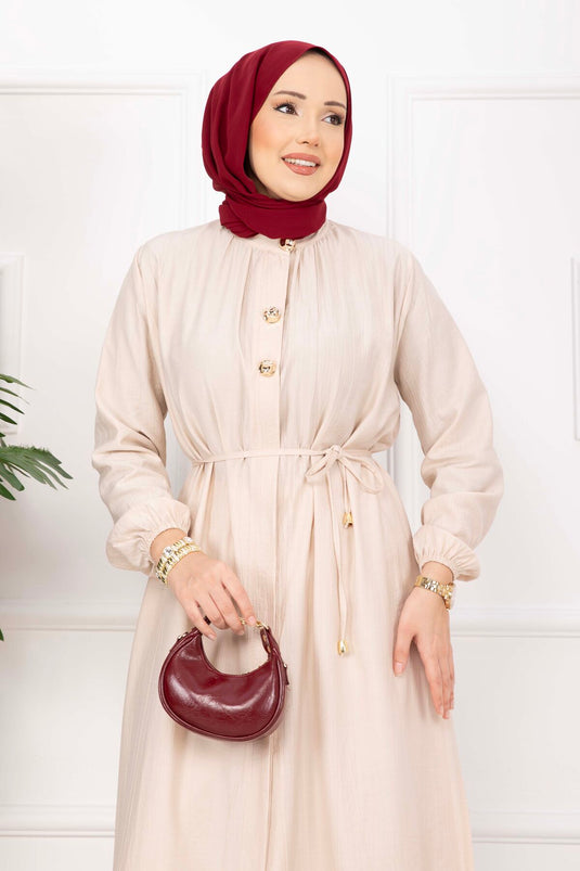 Beige Long Tunic Set with Drawstring Stand Collar