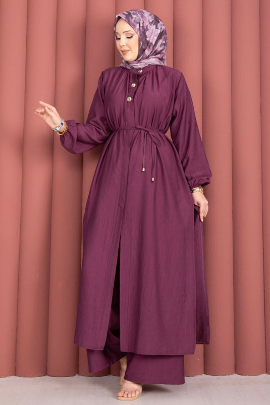 Ensemble tunique longue à col officier avec cordon, couleur prune