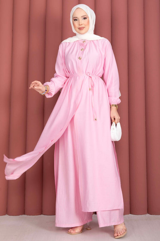 Ensemble tunique longue à col officier avec cordon rose