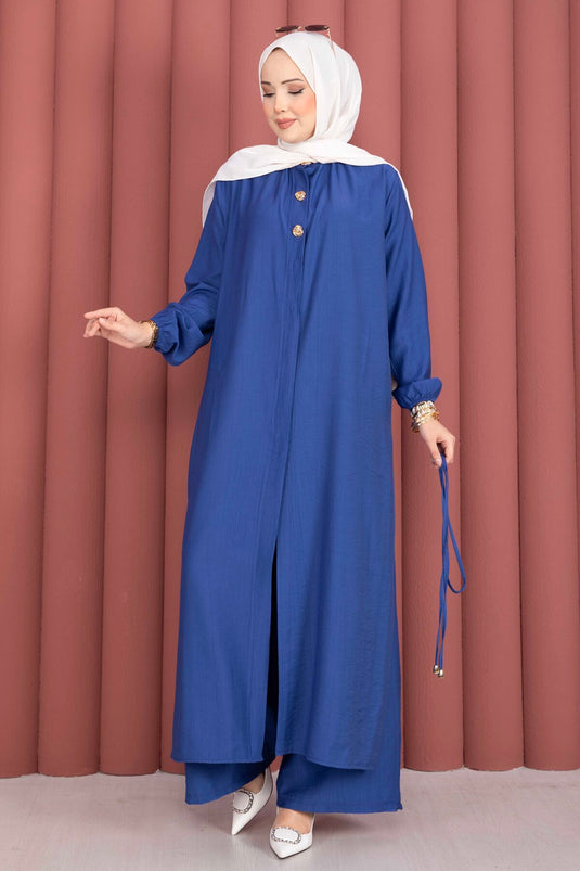 Ensemble tunique longue à col officier avec cordon bleu saphir