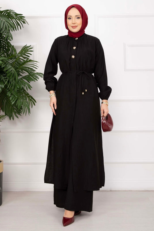 Ensemble tunique longue à col officier avec cordon noir