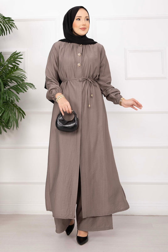 Ensemble tunique longue à col officier avec cordon, couleur vison
