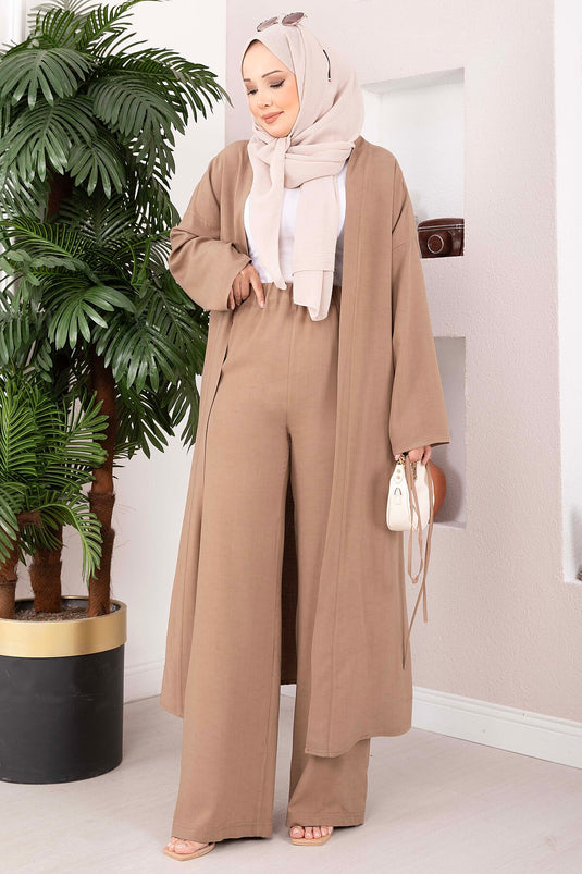 Bağcıklı Uzun Kimono Pantolon Takım Vizon