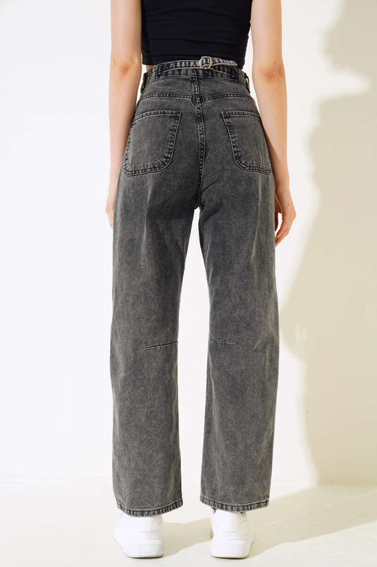 Baggy Back Buckle Denim Pants Black Light Stone