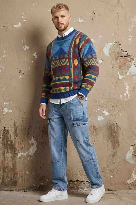 Loose Cargo Pocket Men's Denim Trousers Light Blue