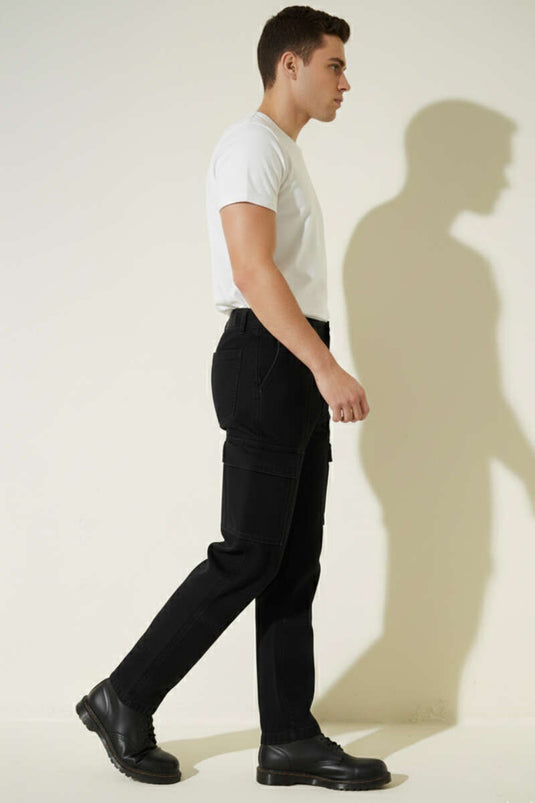 Baggy Kargo Cep Erkek Kot Pantolon Siyah