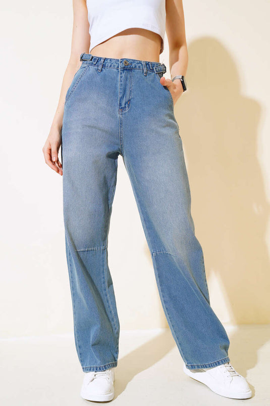 Baggy Yan Tokalı Denim Pants Light Blue