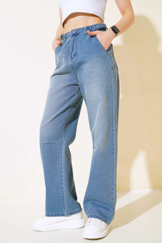 Baggy Yan Tokalı Denim Pants Light Blue