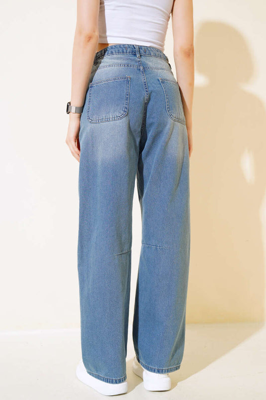 Baggy Yan Tokalı Denim Pants Light Blue