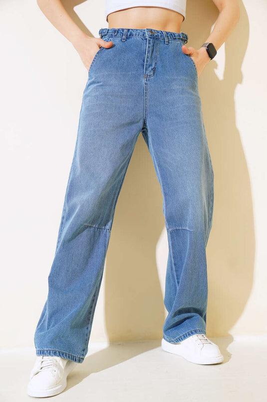 Pantalon Baggy En Jean Boucle Latérale Bleu Moyen