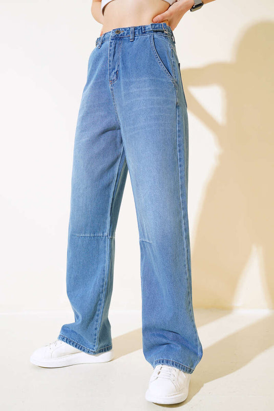 Pantalon Baggy En Jean Boucle Latérale Bleu Moyen