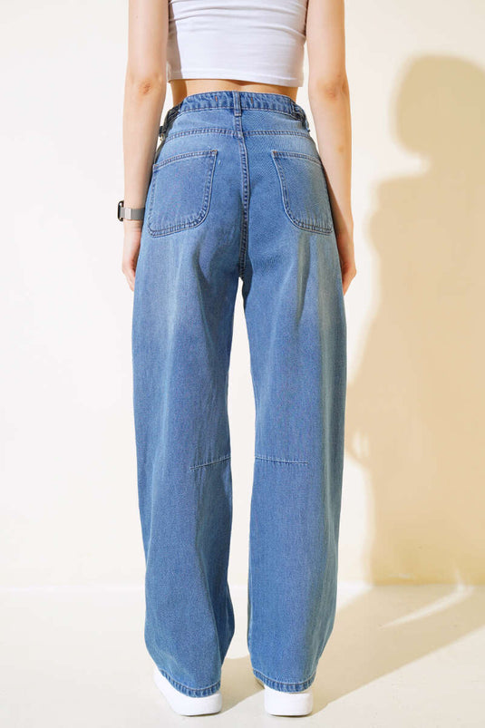 Pantalon Baggy En Jean Boucle Latérale Bleu Moyen
