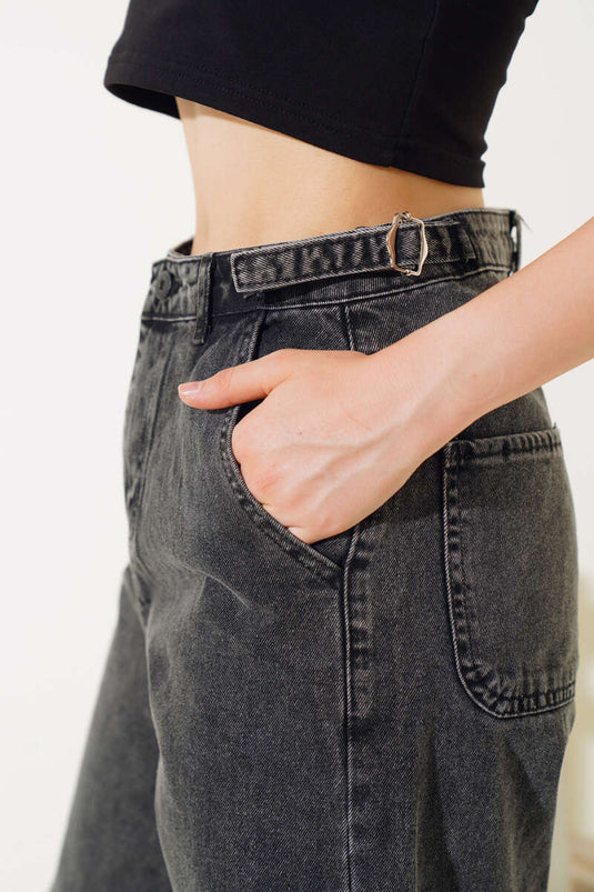 Baggy-Jeans mit seitlicher Schnalle, Schwarz Medium Snow