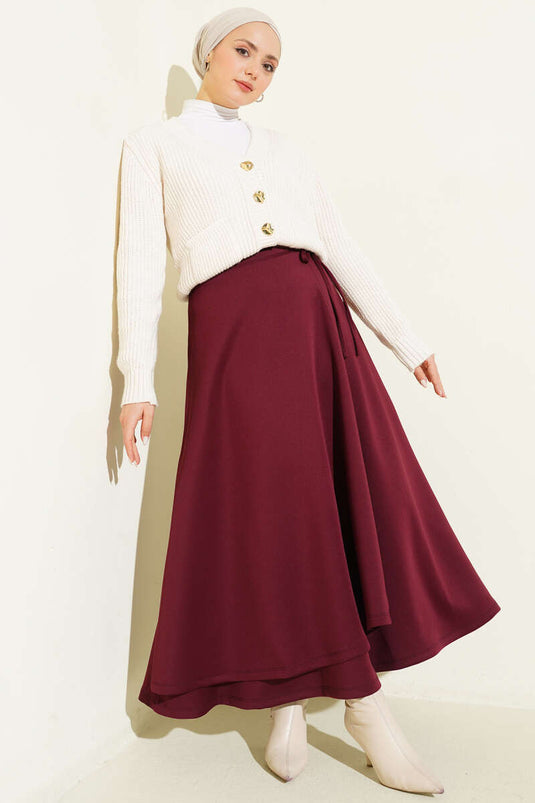 Bağlama Detaylı Scuba Etek Bordo