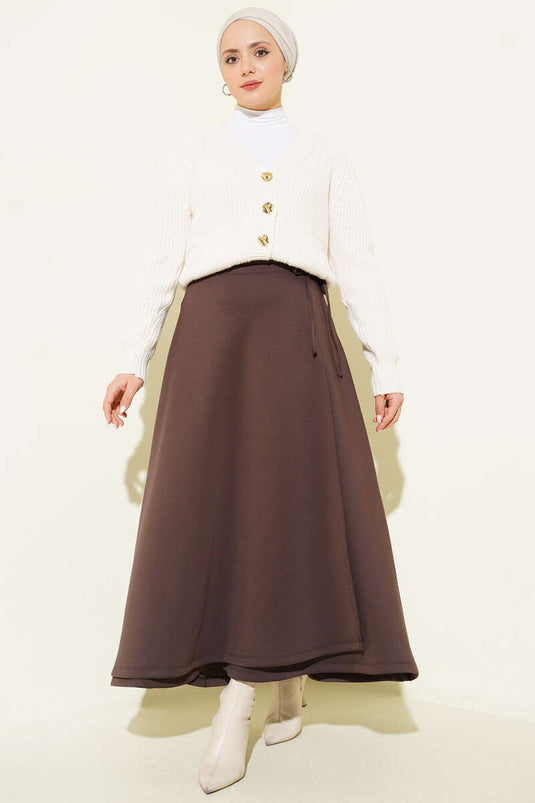 Bağlama Detaylı Scuba Etek Kahve