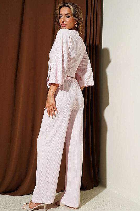 Bağlamalı Bürümcük Crop İkili Takım Pembe