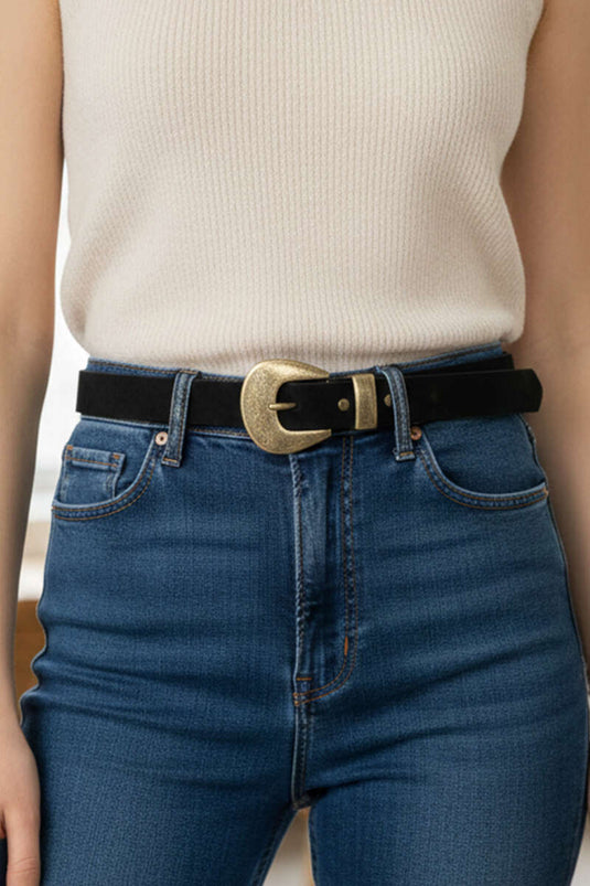 Black Suede Belt with Copper-Look Buckle