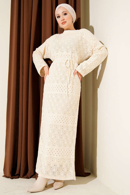 Robe En Maille Beige À Motif Avec Design Baklava