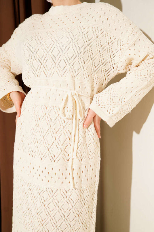 Baklava-Muster Durchbrochenes Strickkleid Beige
