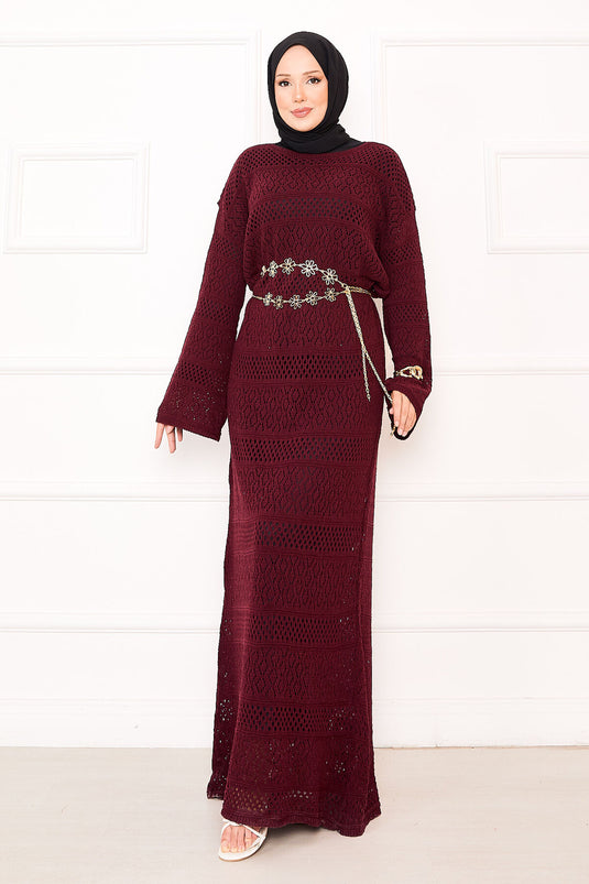 Baklava Pattern Openwork Knit Dress Burgundy