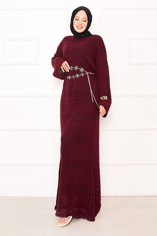 Baklava Pattern Openwork Knit Dress Burgundy