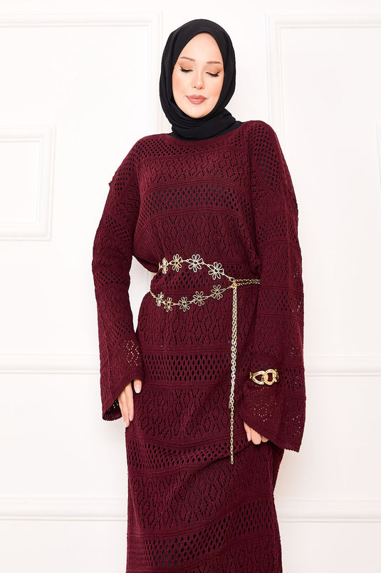 Robe bordeaux en maille ajourée à motif baklava