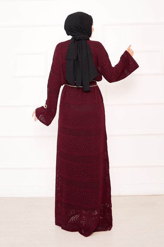 Baklava Pattern Openwork Knit Dress Burgundy