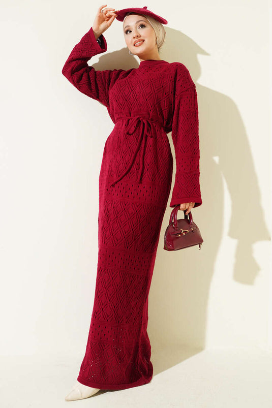 Baklava Pattern Openwork Knit Dress Burgundy