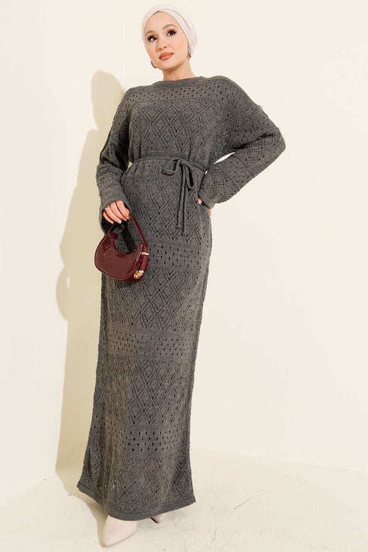 Baklava Desen Ajurlu Triko Elbise Füme