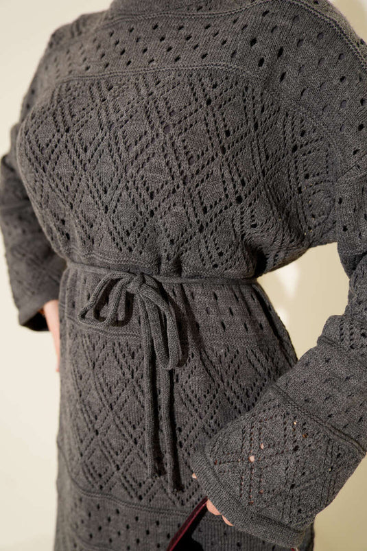 Baklava Desen Ajurlu Triko Elbise Füme