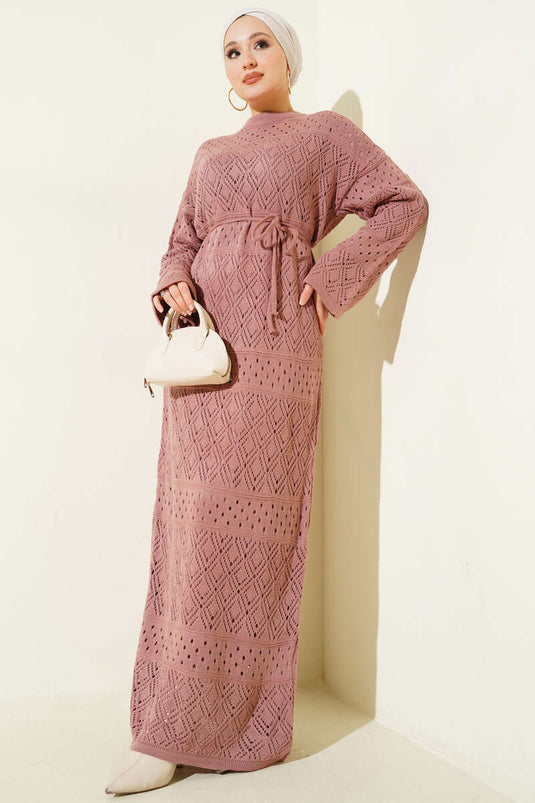 Baklava Desen Ajurlu Triko Elbise Gül Kurusu