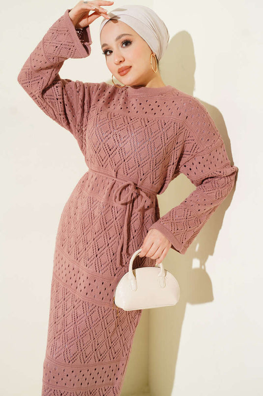 Robe en tricot ajouré motif baklava couleur rose fané