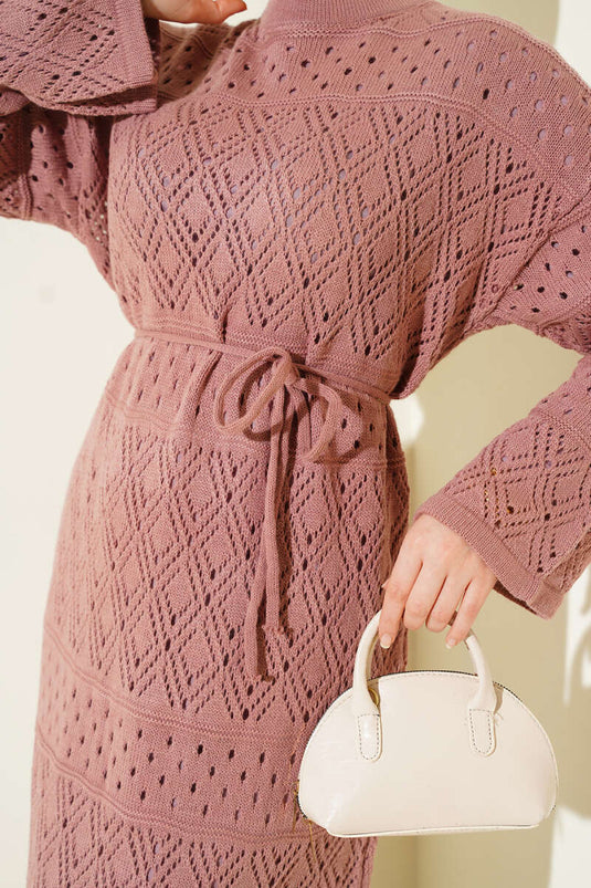 Baklava Desen Ajurlu Triko Elbise Gül Kurusu