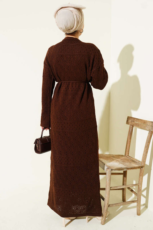 Robe en tricot ajouré motif baklava marron