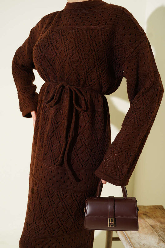 Baklava Desen Ajurlu Triko Elbise Kahve