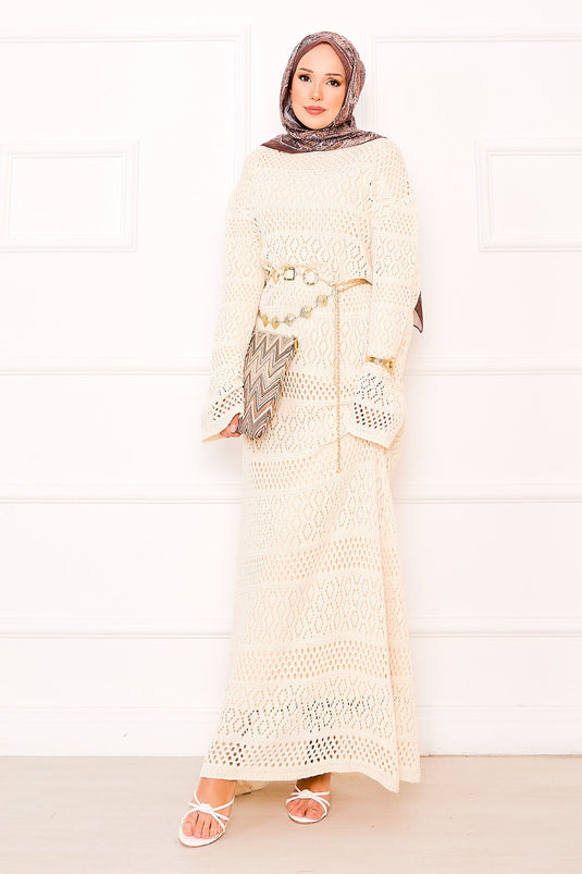 Baklava-Muster, durchbrochenes Strickkleid, Creme