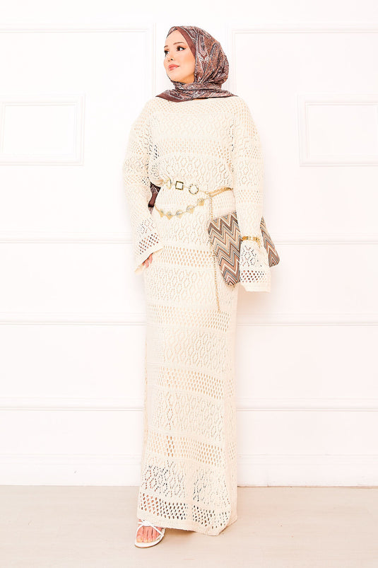 Baklava-Muster, durchbrochenes Strickkleid, Creme