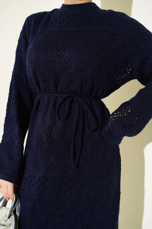 Robe en tricot ajouré à motif baklava bleu marine