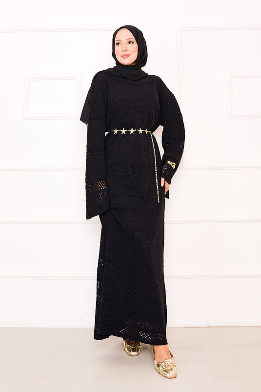 Baklava Pattern Openwork Knit Dress Black
