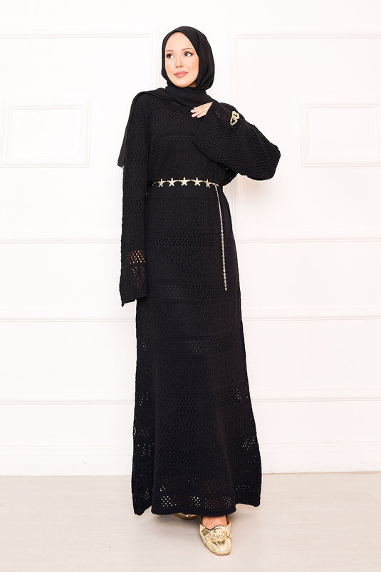 Baklava Pattern Openwork Knit Dress Black