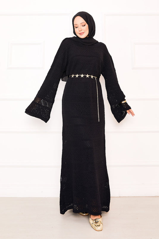 Baklava Desen Ajurlu Triko Elbise Siyah