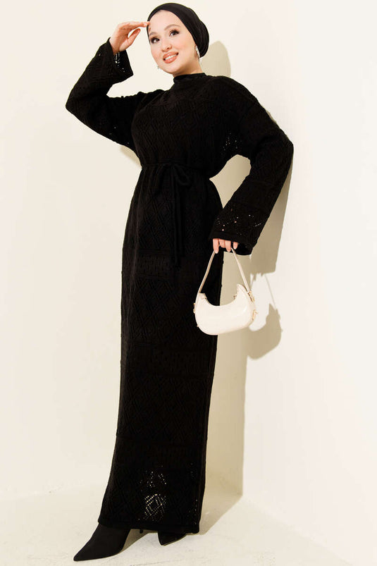 Baklava Pattern Openwork Knit Dress Black