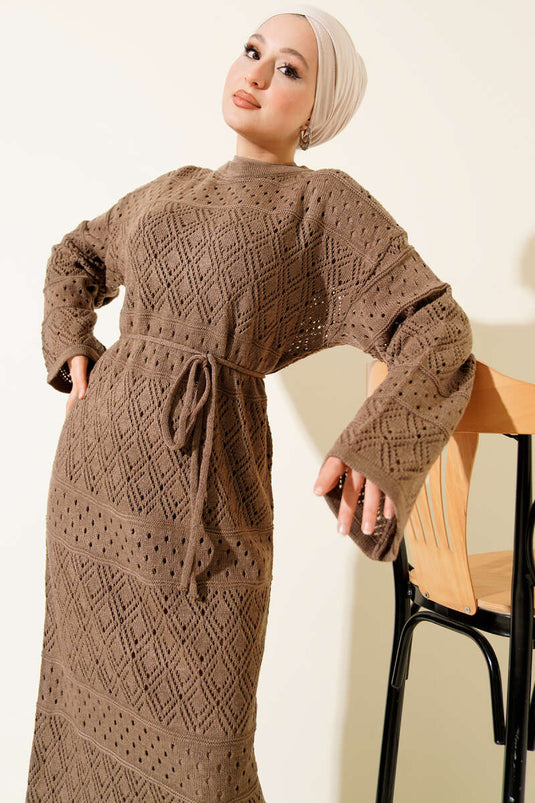 Robe en tricot ajouré motif baklava couleur vison