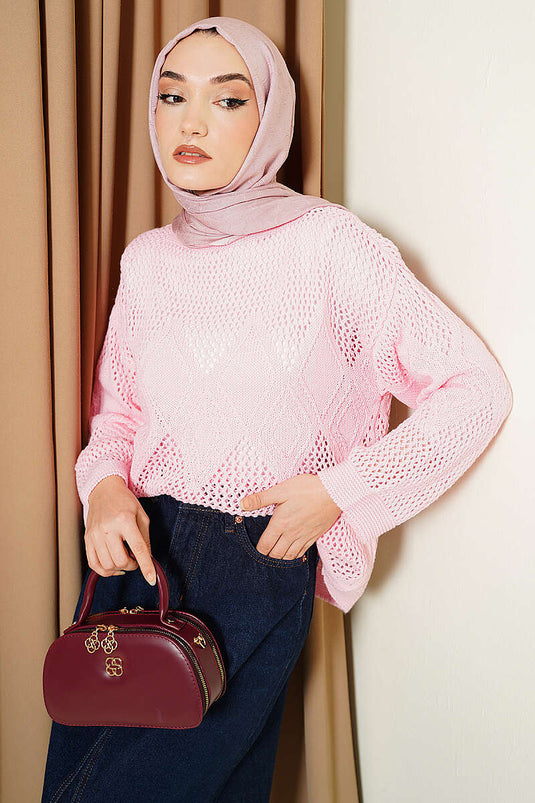 Maglione lavorato a maglia traforato con motivo Baklava rosa