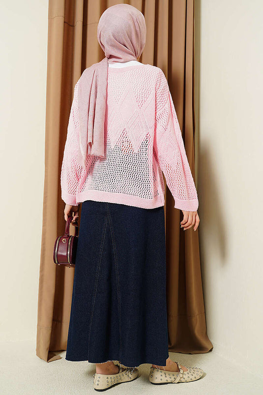 Maglione lavorato a maglia traforato con motivo Baklava rosa