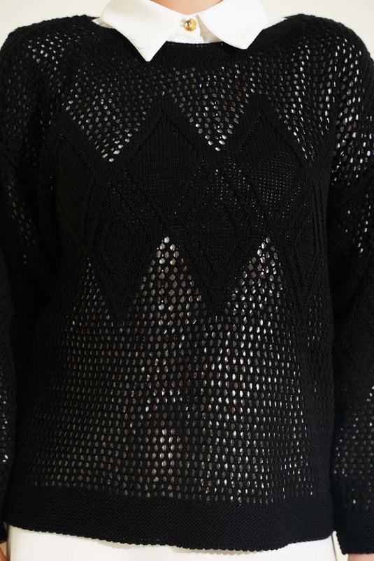 Baklava Pattern Openwork Knit Sweater Black