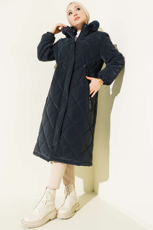 Baklava Desen Bel Tünelli Kapitone Mont Lacivert